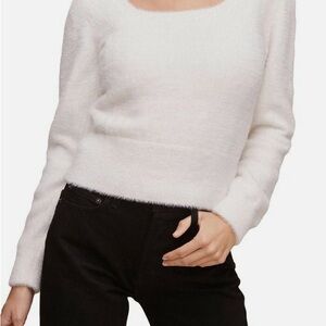 Astr Cream Fuzzy Scoop Neck Long Sleeve Sweater